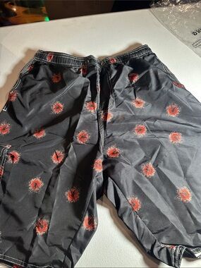 Men's Black Swim Trunks with Red Floral Print